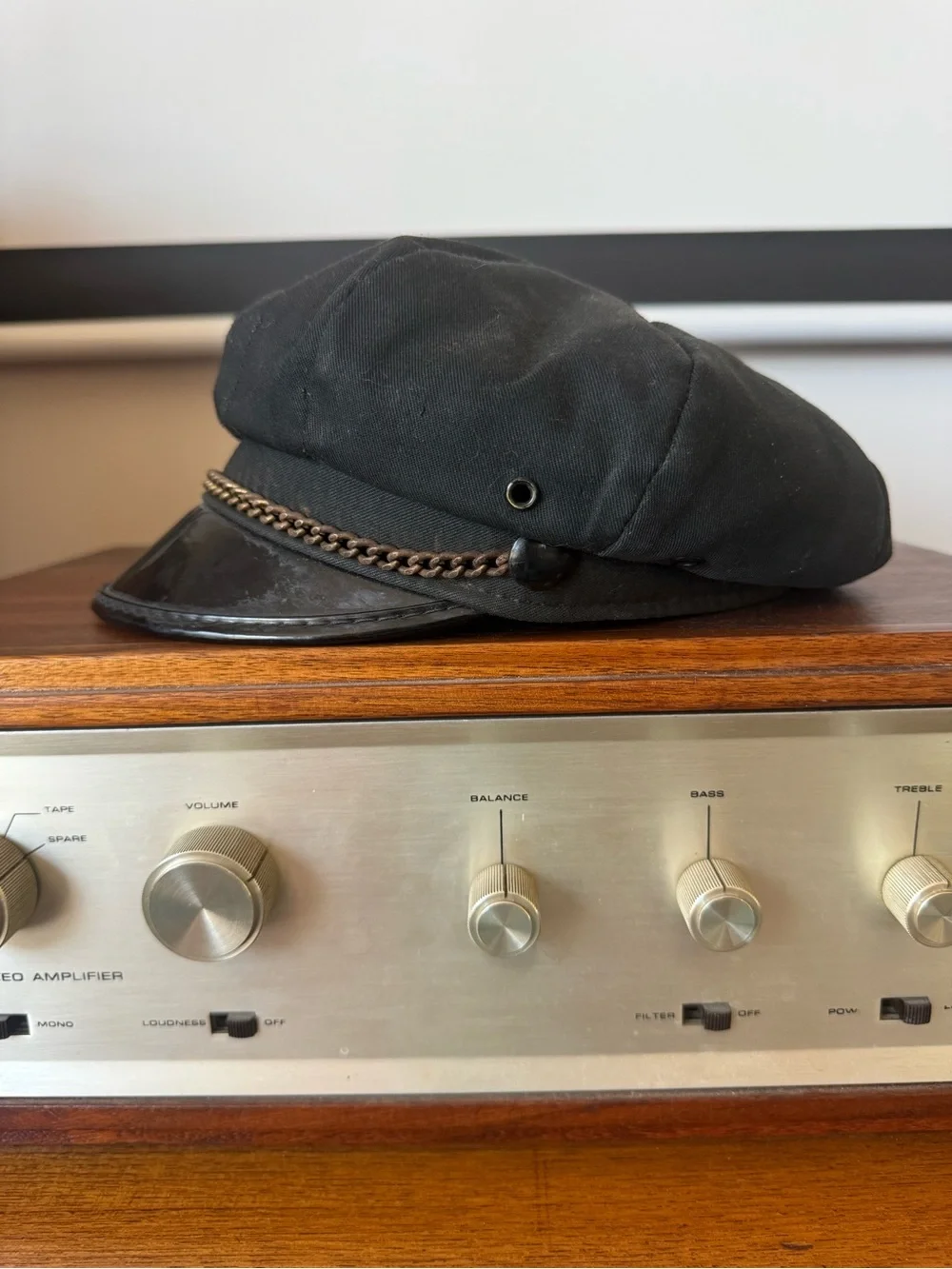 Vintage Black Baker Boy Motorcycle Cap with Gold Chain Trim